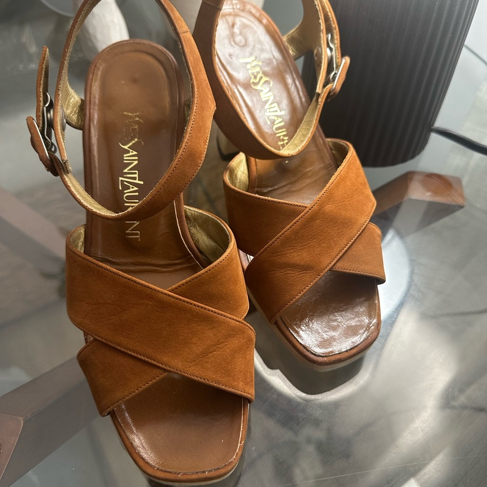Yves Saint Laurent (YSL) Women's Brown Cross-Strap Sandals